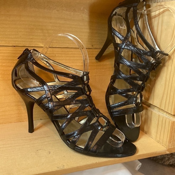 Enzo Anglioni gladiator black patent leather sandal heels size 7 NWOT - Picture 1 of 7